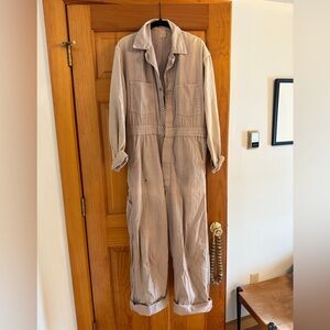 Neutral Beige + Lavender Cotton Vintage Utility Jumpsuit